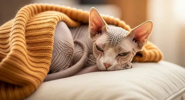 Content Sphynx cat curled up on a pillow with a blanket.