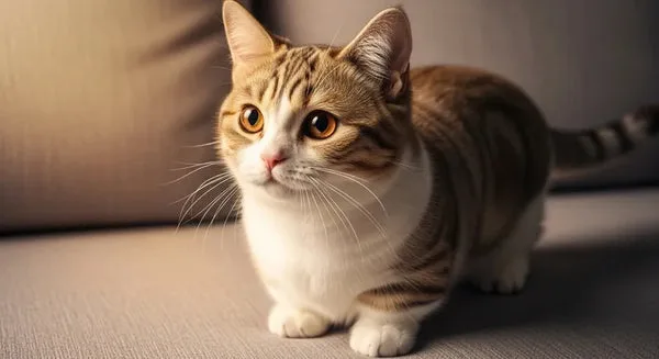 Close-up of adult Munchkin cat with sweet eyes on a sofa.