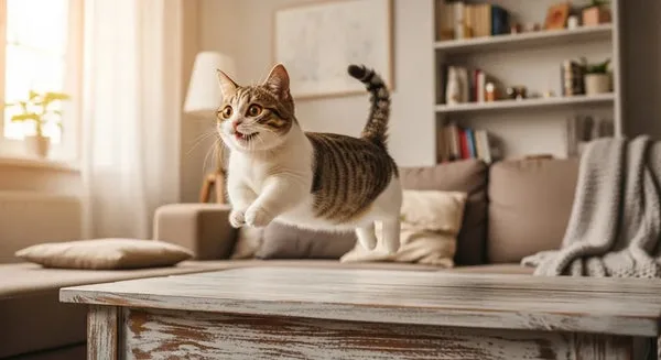 Munchkin cat joyfully jumping from a low table in a living room.