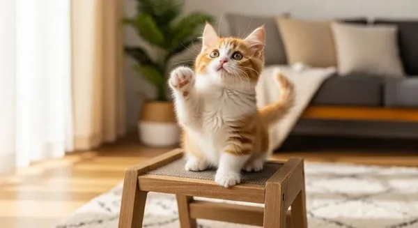 Curious Munchkin kitten climbing onto a low perch at home