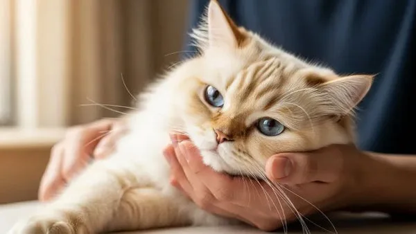 Senior Persian cat resting comfortably with its owner
