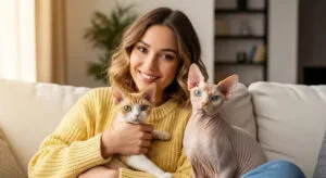Young woman sitting on a sofa with a happy Devon Rex and Sphynx cat beside her