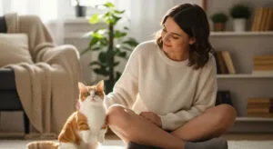 Smiling woman holding an adult Munchkin cat with short legs in a cozy bright home