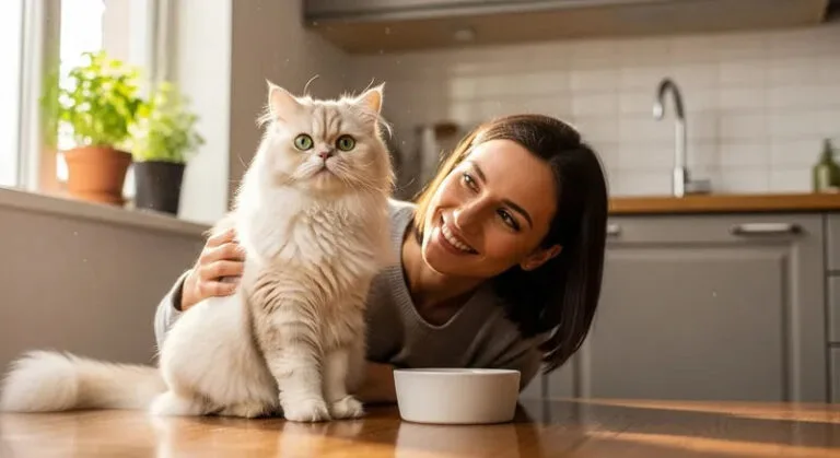 Smiling woman in a kitchen with a happy Persian cat near a food bowl.