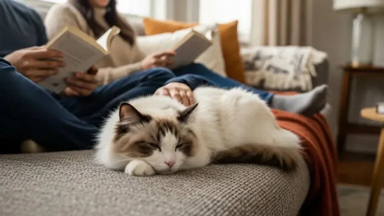 Ragdoll cat sleeping indoors with its owners nearby