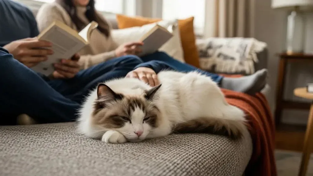 Ragdoll cat sleeping indoors with its owners nearby
