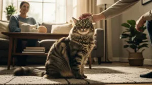 Large Siberian cat indoors with its owners, showing adult size