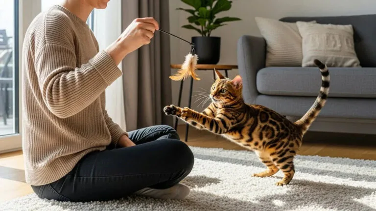 Owner playing with a Bengal cat using a wand toy