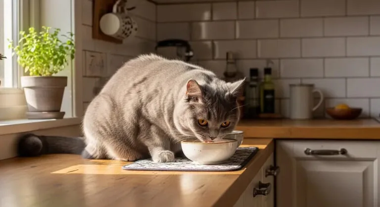 British Shorthair cat eating food