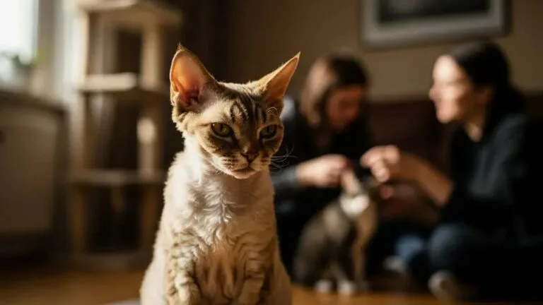 Devon Rex cat with a curly coat sitting indoors, showing minimal shedding
