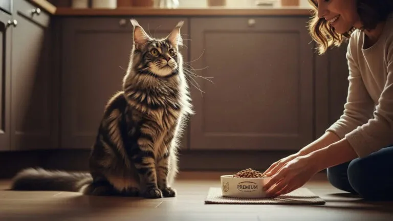 Owner feeding a Maine Coon cat a balanced meal