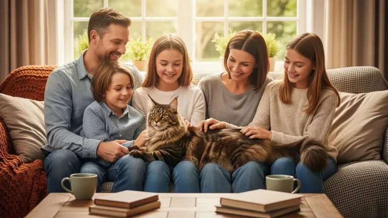 Family interacting with a very large adult Maine Coon cat on the couch