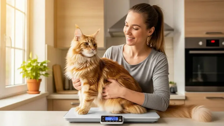 Owner weighing a happy Maine Coon cat on a pet scale at home