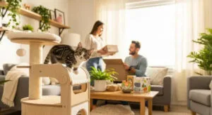 Couple preparing their home while a playful Munchkin kitten explores a cat tree.