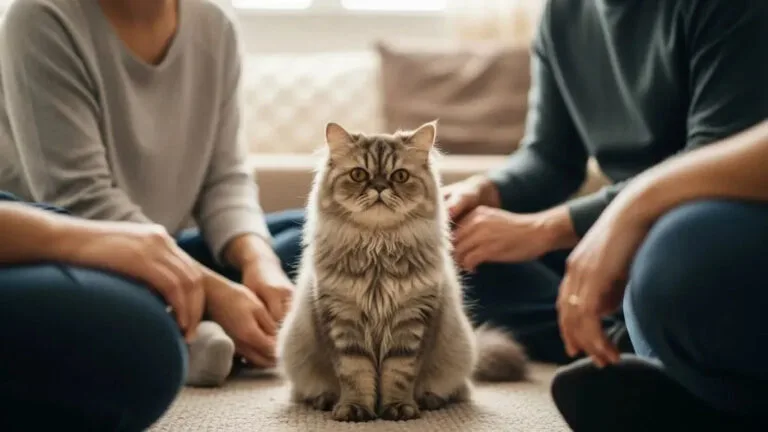 Persian cat sitting indoors with its owners, representing long-term care and companionship
