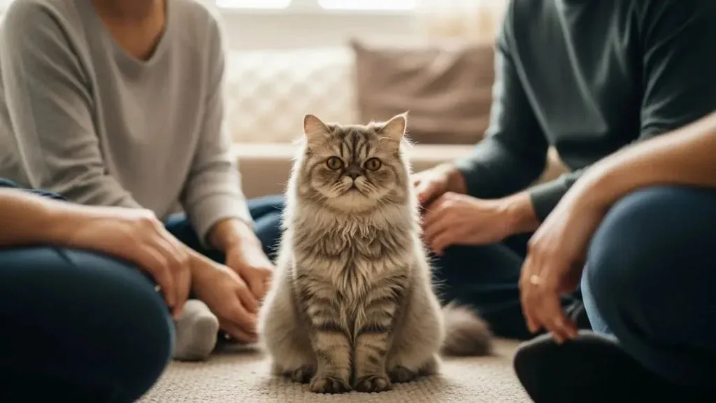 Persian cat sitting indoors with its owners, representing long-term care and companionship
