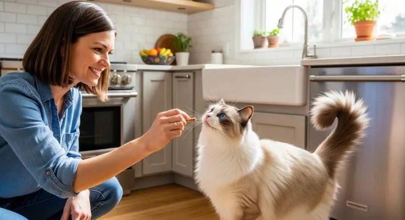 Woman feeding her fluffy Ragdoll cat from a bowl in a bright kitchen