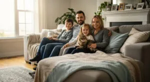 Family relaxing with a calm Scottish Fold cat sitting on a child’s lap in a cozy living room