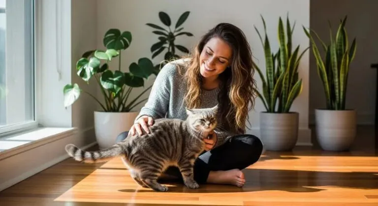 Woman smiling as her Scottish Straight cat rubs against her in a bright apartment.
