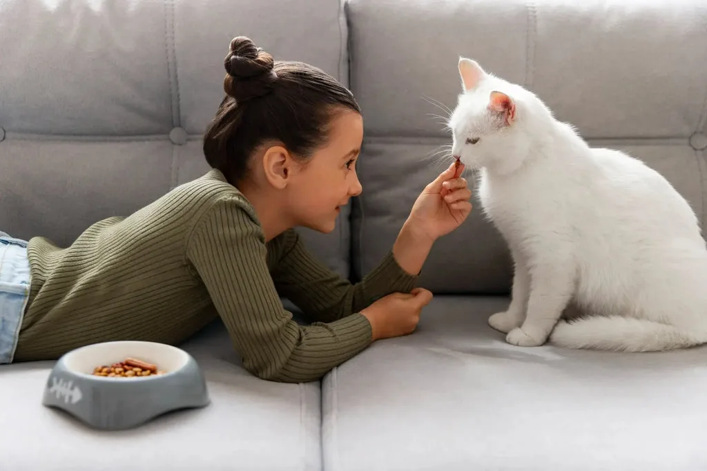White cat relaxes on couch while child lovingly touches its nose, perfect for purebred kittens.